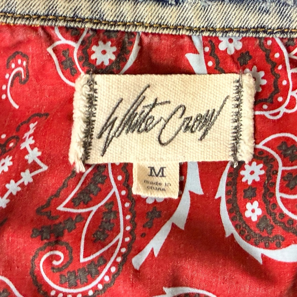 White Crow Distressed Denim Jacket with Red Bandana Backing - Picture 2 of 6